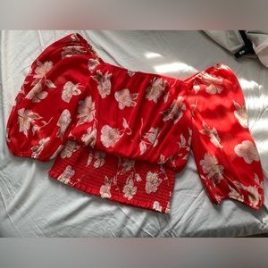 Size large, off-the-shoulder top, pink floral, 100% polyester